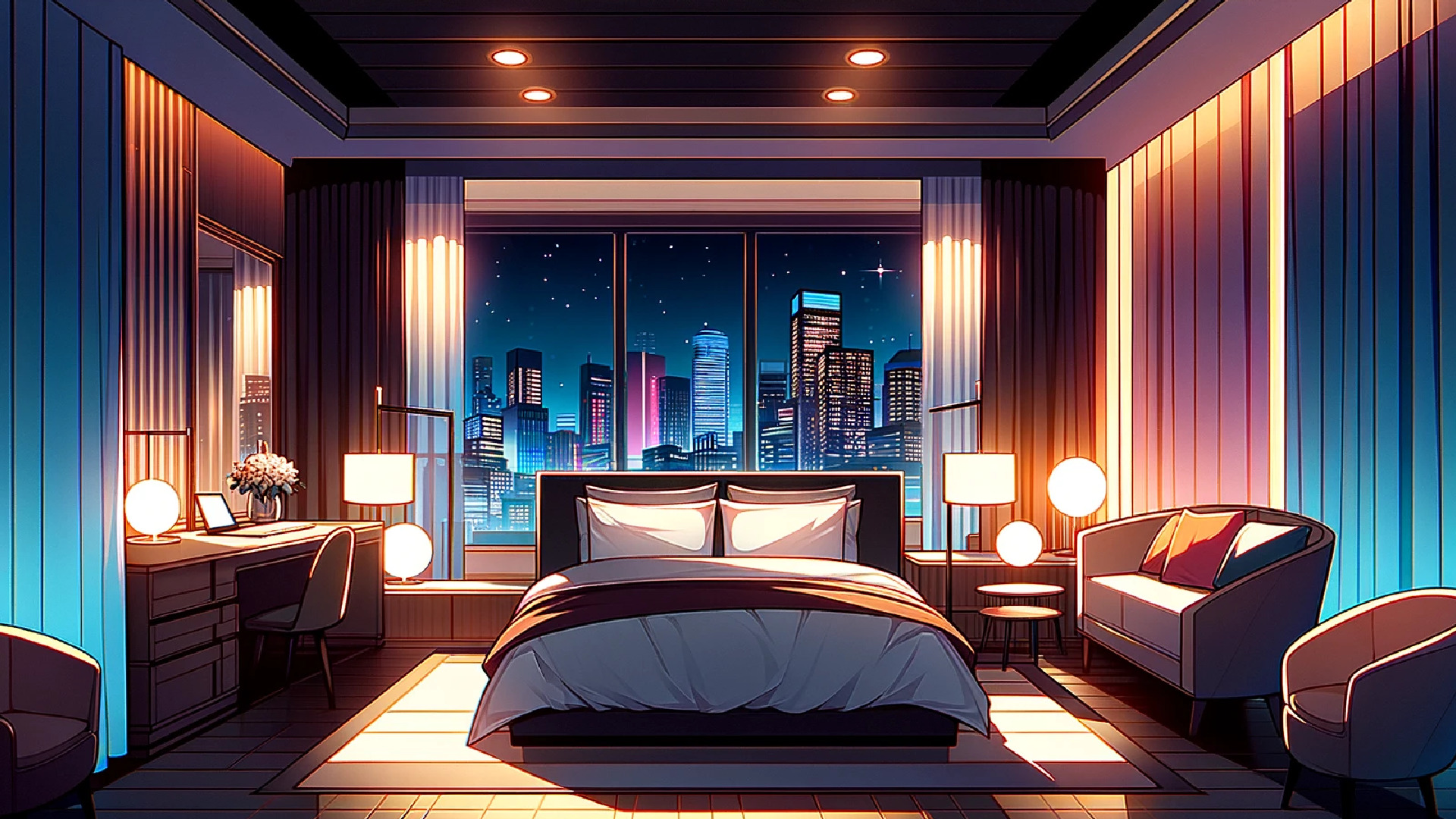 Anime style background illustration of a hotel room