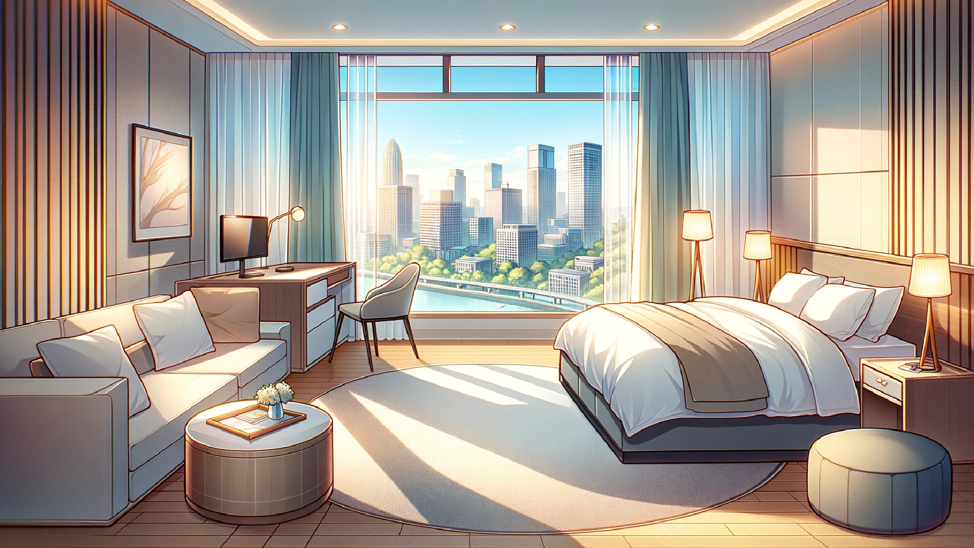 Anime style background illustration of a hotel room