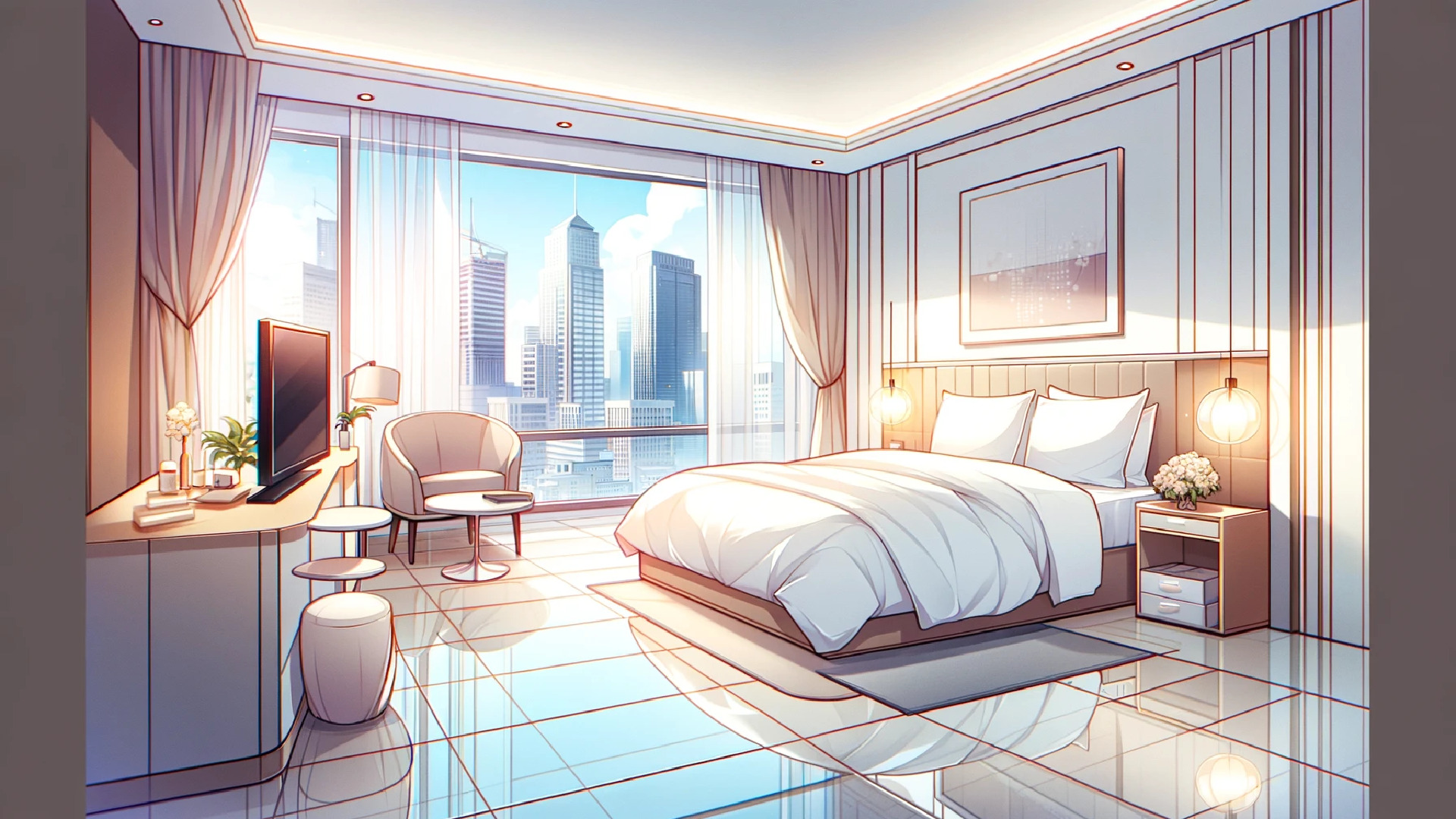 Anime style background illustration of a hotel room