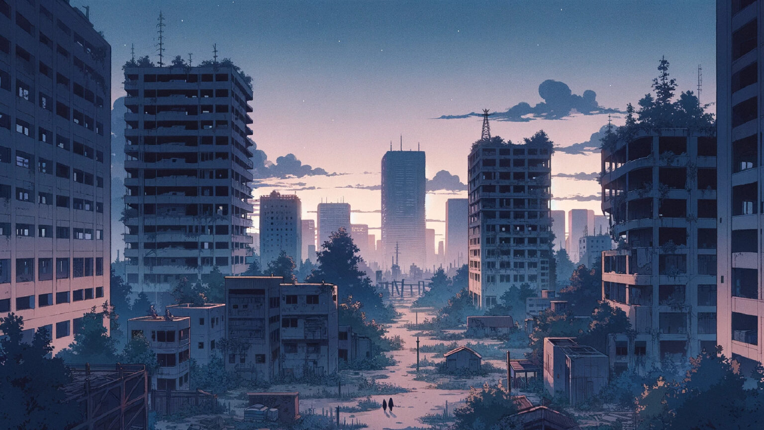 荒廃した街のアニメ風背景イラスト