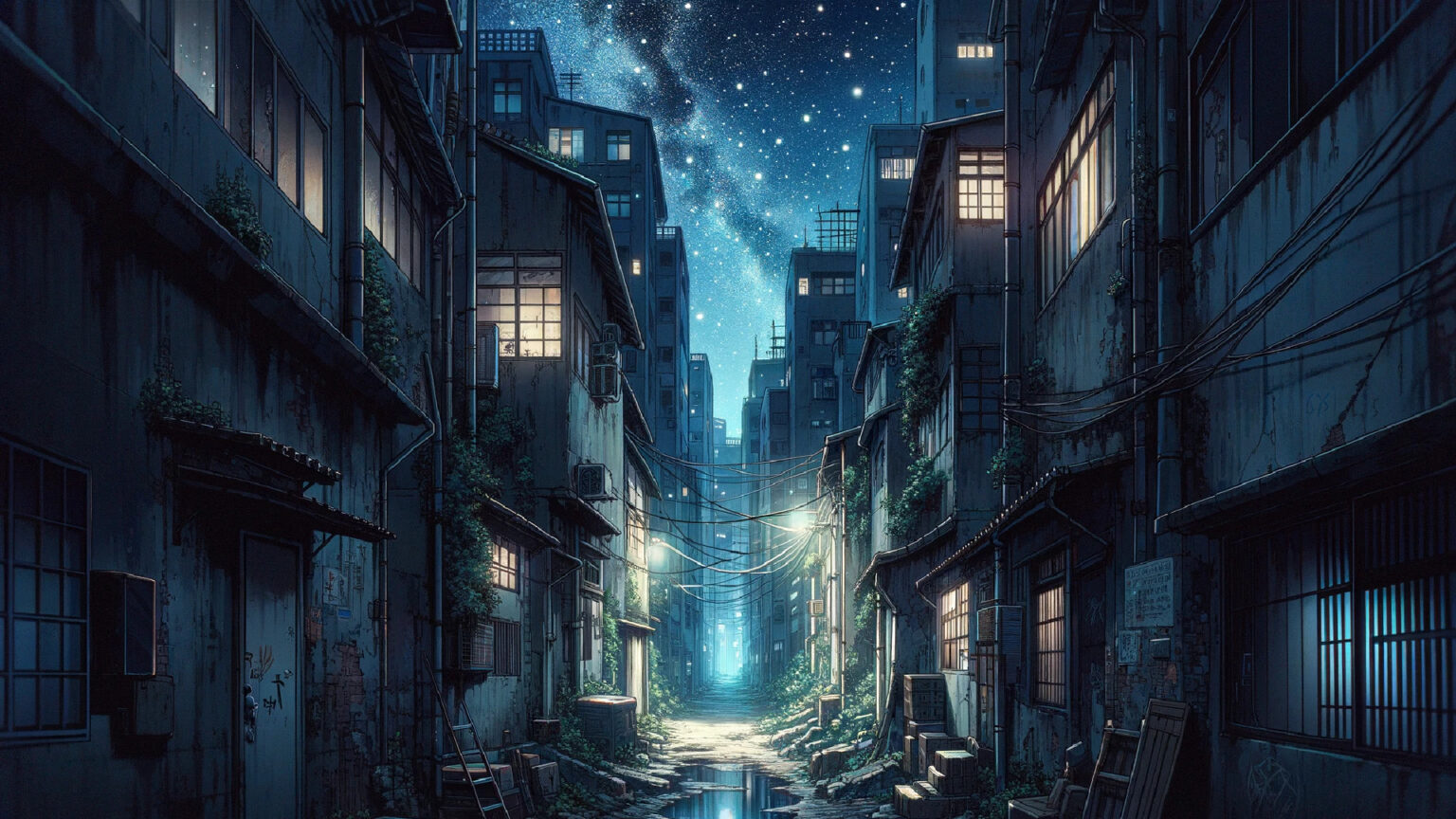 荒廃した街のアニメ風背景イラスト