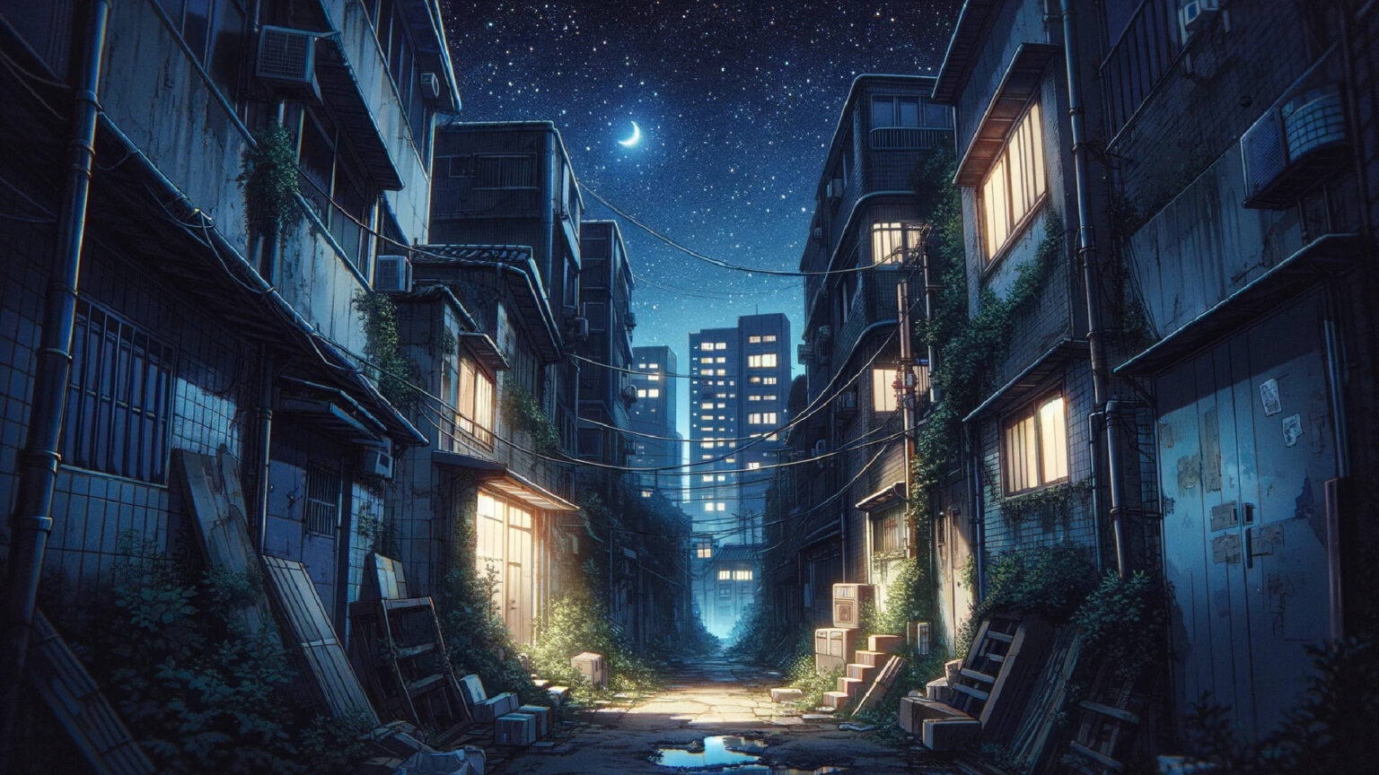 荒廃した街のアニメ風背景イラスト