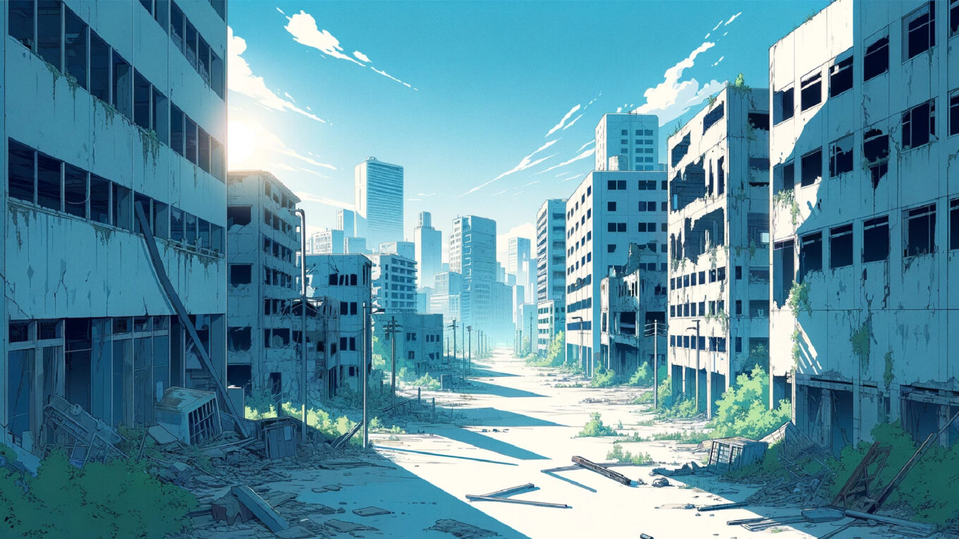 荒廃した街のアニメ風背景イラスト