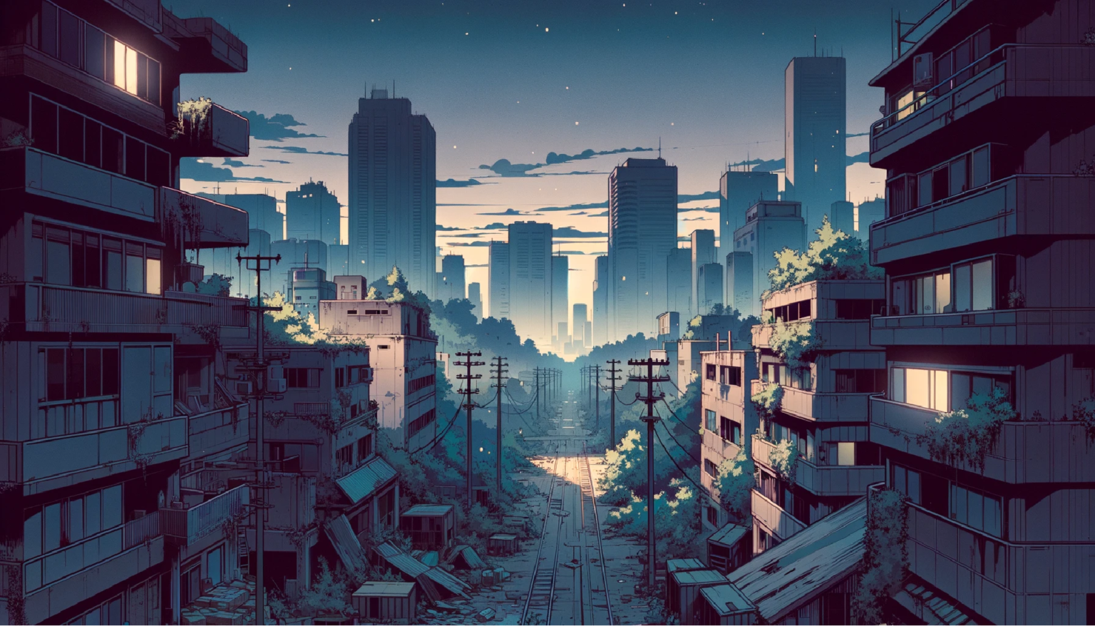 荒廃した街のアニメ風背景イラスト